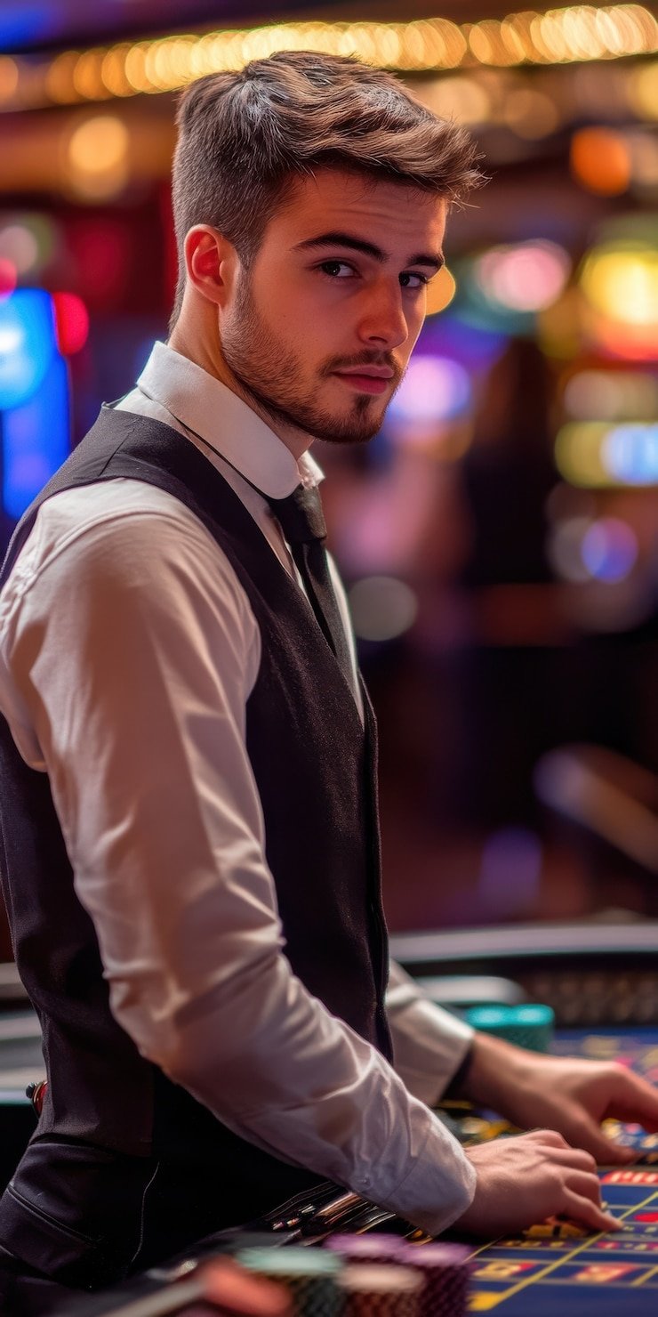 Live casino dealer in powernet777 broadcast studio, multi-camera setup for World Cup coverage